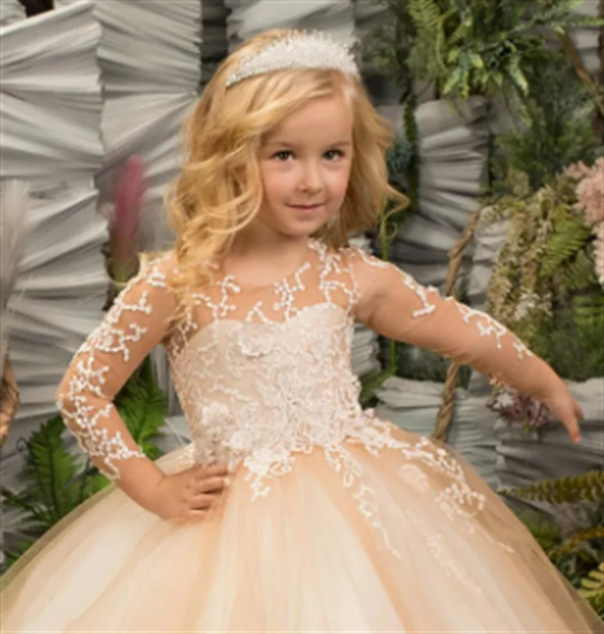 Vestido de flores champán para niña, Apliques de encaje de tul esponjoso, vestido elegante de flores para boda, Primera Comunión para niño, fiesta de cumpleaños