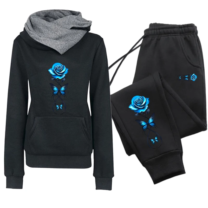 Herbst-Winter Damen Alltags-Sportoutfit, Damen-Set/Hoodie/Hose, Modischer Blumen-Trainingsanzug, Kapuzenpullover, Jogginghose – Detail 6