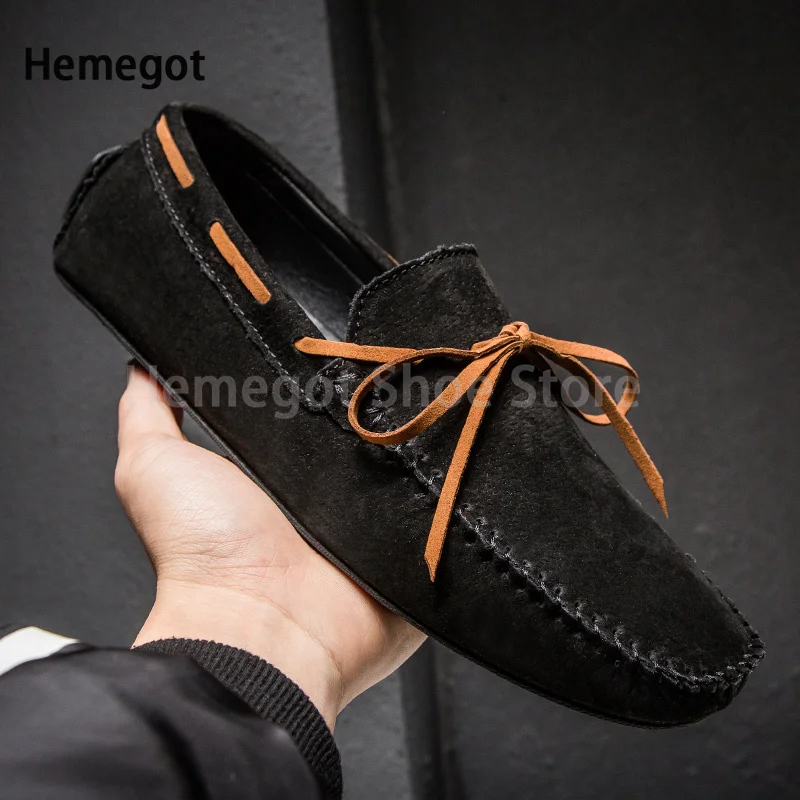 Men's Summer Green Leather Bowknot Loafers Breathable Slip-On Spring Men Shoes Non-Slip Sole New Matte Casual Shoes