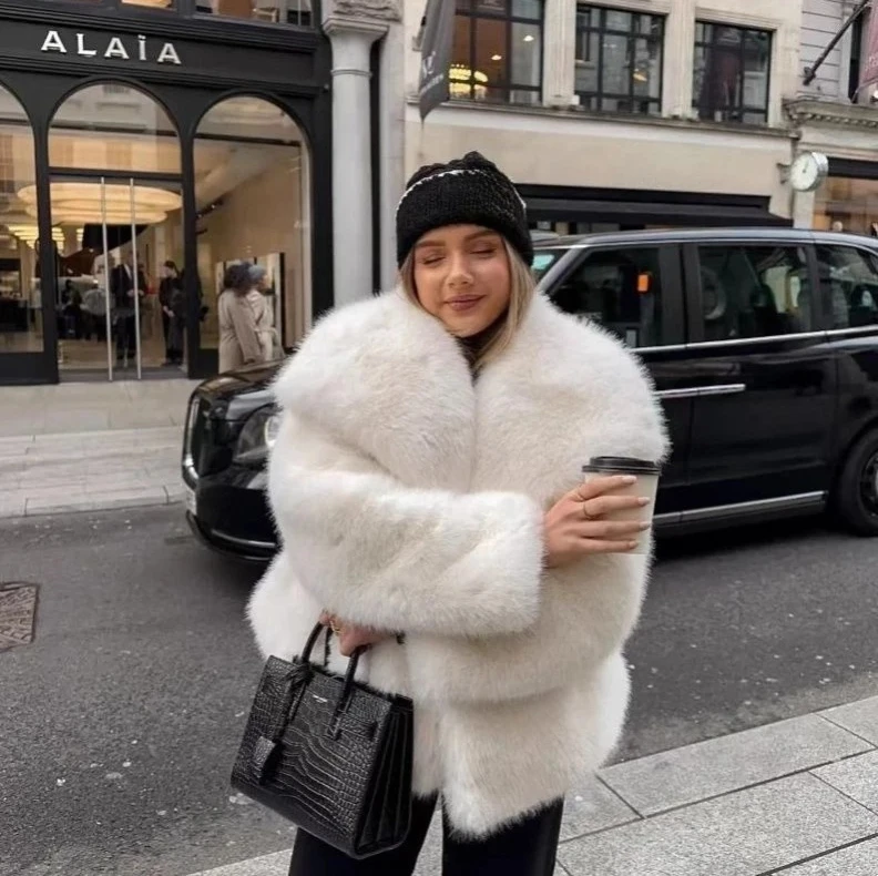 

Trendy Faux Fur Cardigan 2025 Autumn Winter Women's Lapel Collar Long Sleeve Coat Loose Fit