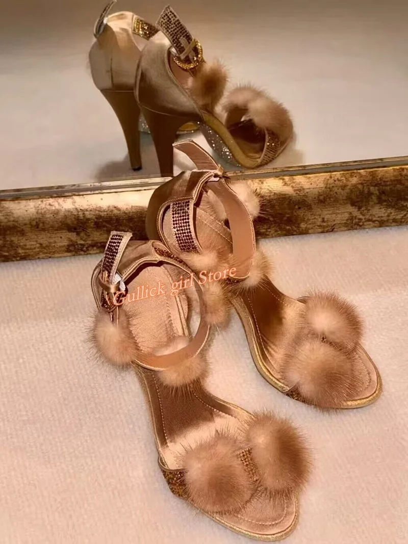 

Soft Fur Champagne Sandals Open Toe Thin High Heel Ankle Buckle Strap Runway 2026 Summer Women Dress Shoes Silver Cover Heel