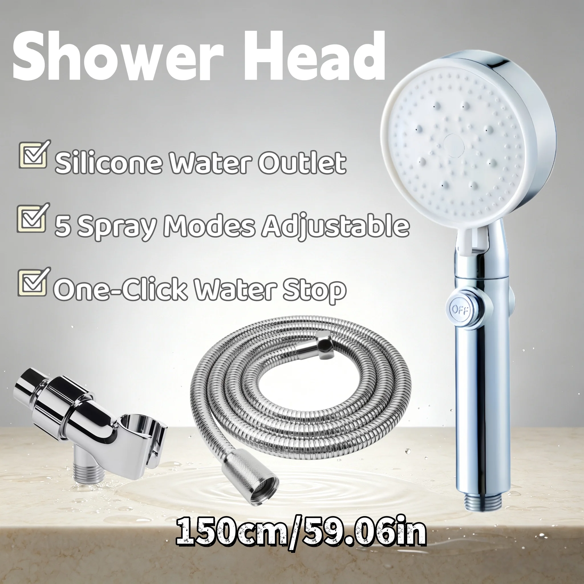 Lot de 3 douches de rehaussement argentées, 5 modes de jet, arrêt à un bouton, buses en silicone souple, flexible, support mural US, accessoire de salle de bain