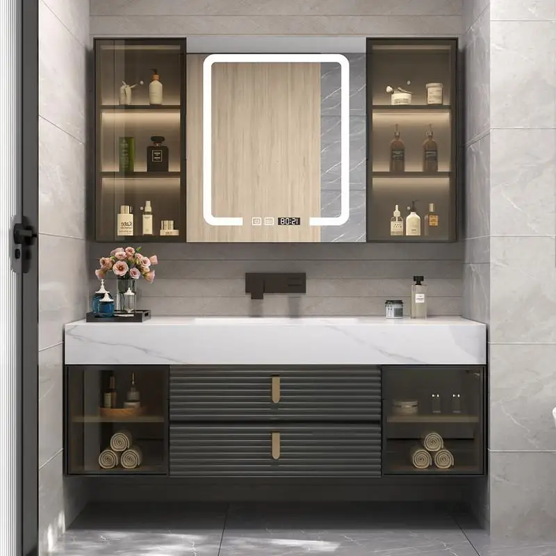 Lightweight and luxurious seamless ceramic bathroom cabinet, combined with rock plate integrated basin, modern and simple