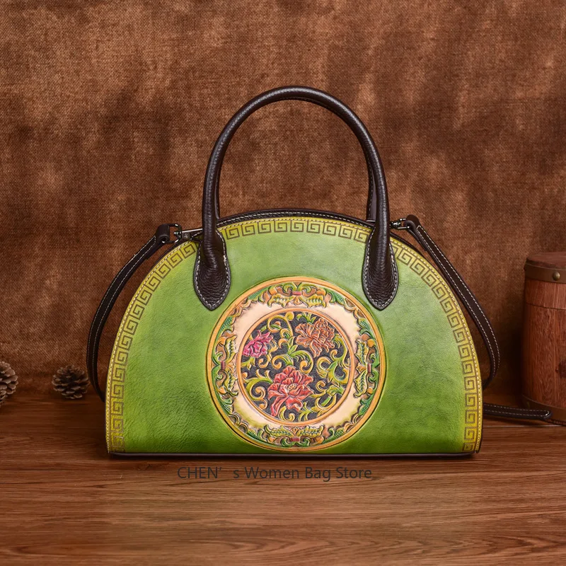 

Top Layer Cowhide Dumpling Shaped Women's Bag Vintage Chinese Style Handbag Soft Polyester Lined Zipper Closure Fashionable