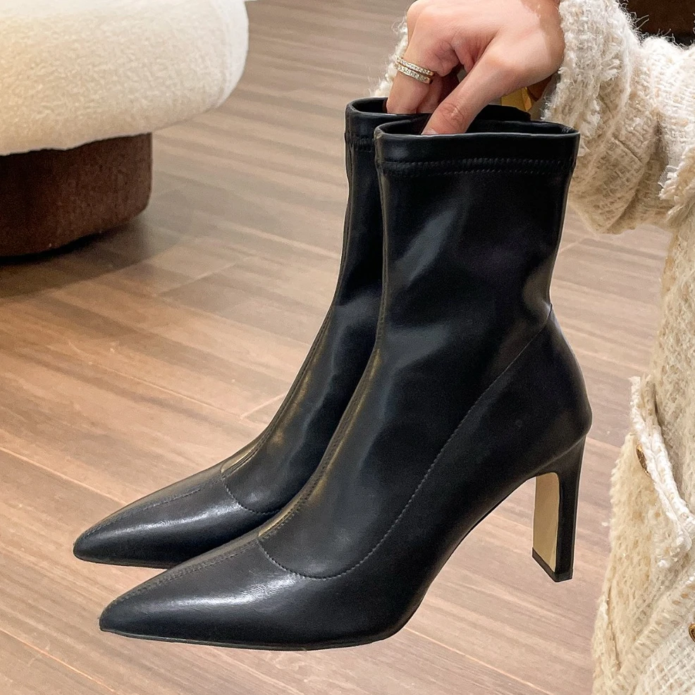 Women Boots Short High Heels Shoes for Women Autumn Winter Botas Mujer Ankle Boots Black Sock Women Heels Boots Female D220