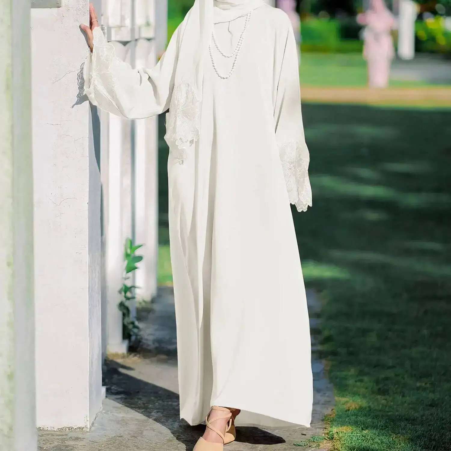 

M189 # Malaysia 7-color Women's Dress With Lace Trim And Ultra-long Sleeves, Paired With A Headscarf Dubai Luxury Islam Elegant