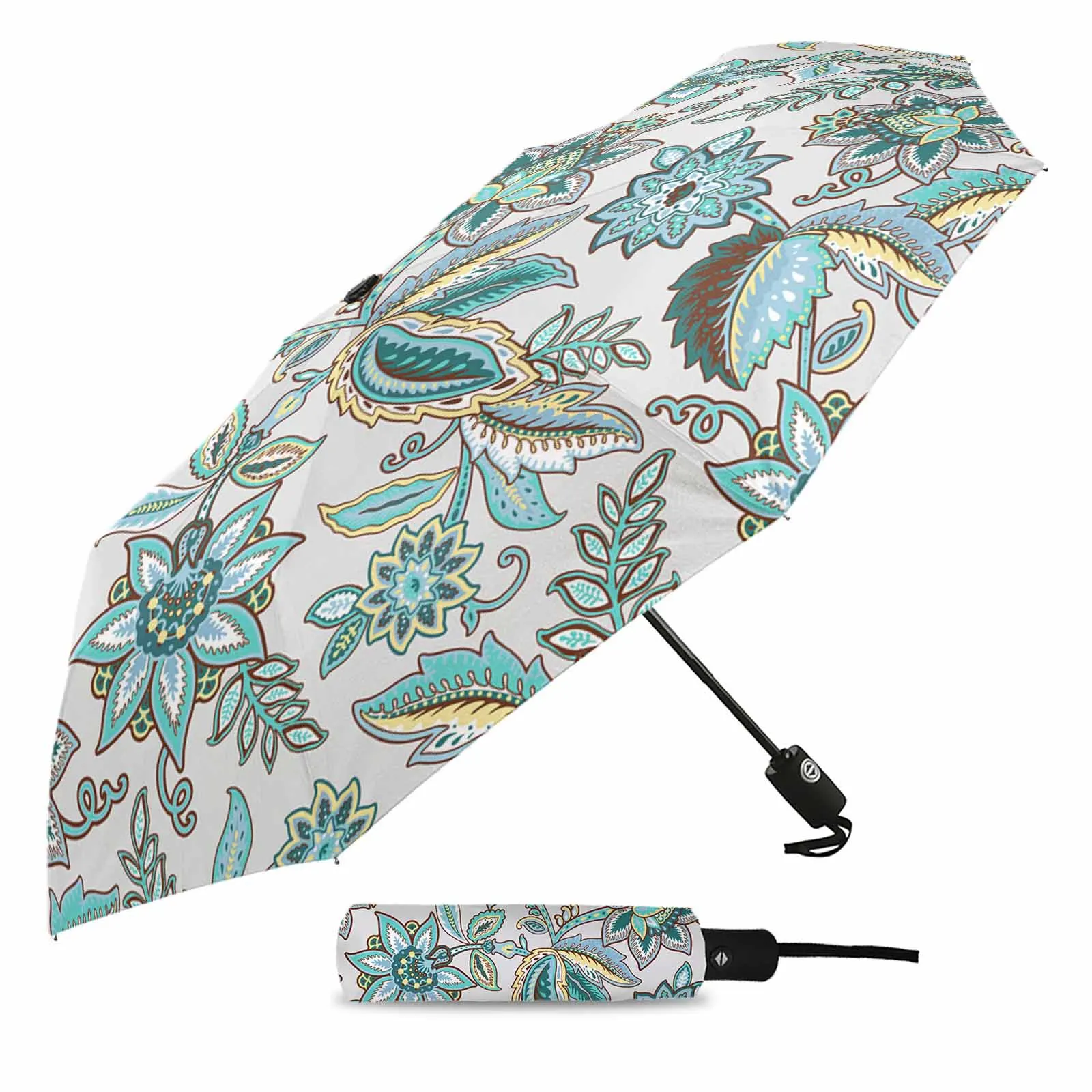 Abstract Pesley Ethnic Flower Leaves Vintage Turquoise Outdoor Fully-automatic Folding Eight Strands Umbrellas for Kids