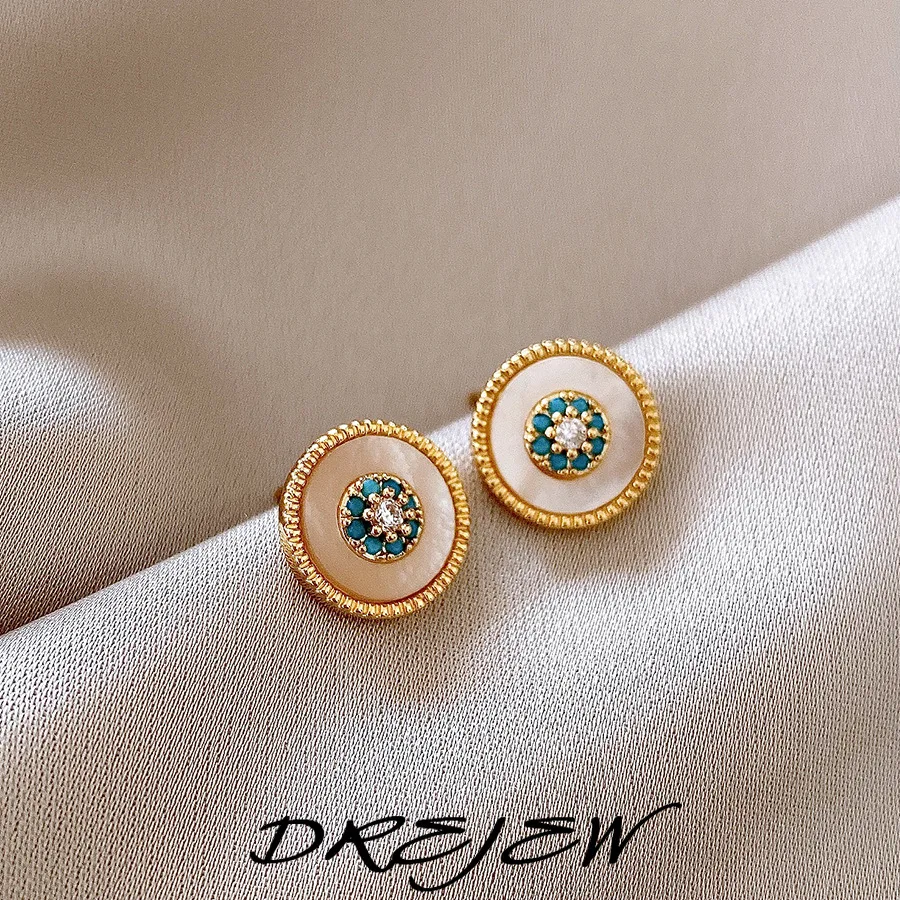 DREJEW Zircon Round Fritillary Stud Earrings 2025 Retro Design Simple High-end Earrings for Women Girl Holiday Accessories