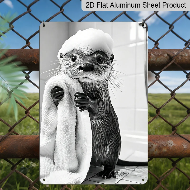 2D Flat, Cute Otter Taking A Bath Aluminum Sign - Funny Bathroom Wall Decor Bathroom Decor, Shower Room, Powder Room, Kids Ba