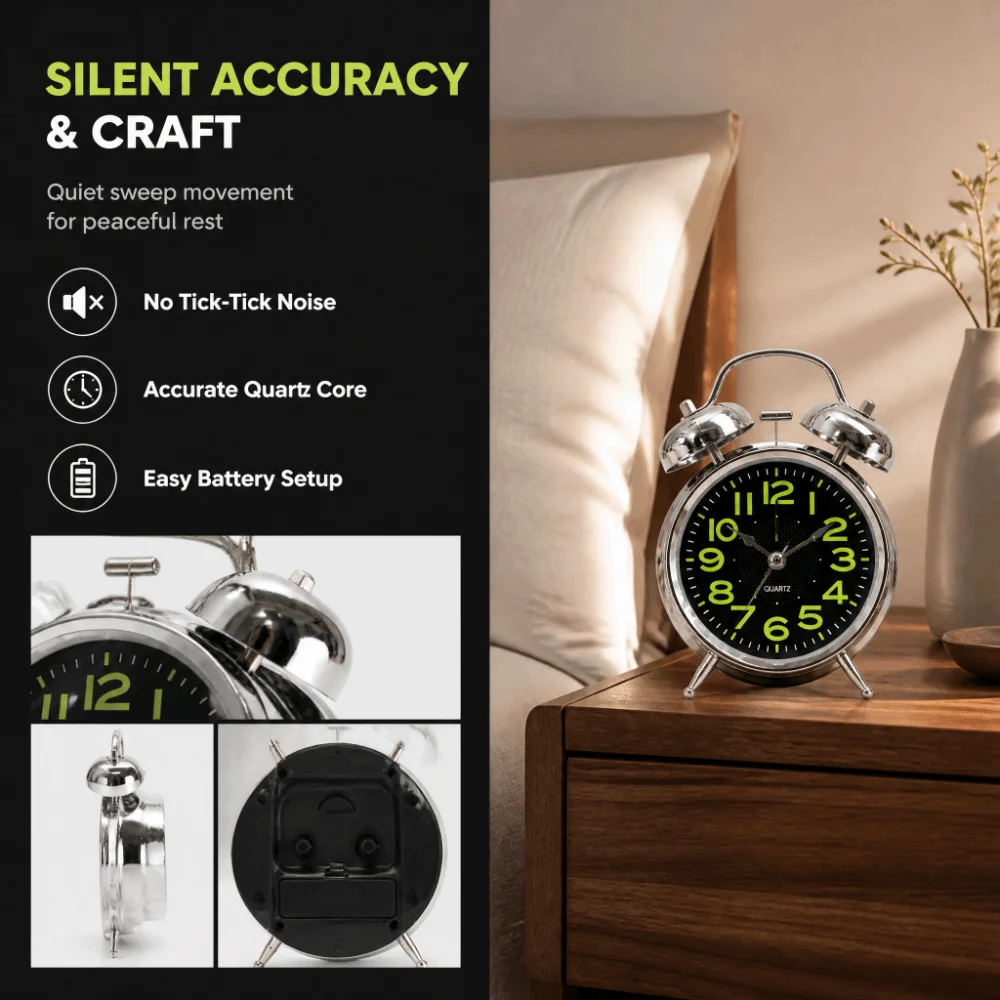 4 Inch Dial Twin Bell Alarm Clock Metal Glow In Dark Battery Operated Alarm Clock Silver Silent Alarm Clock For Bedrooms