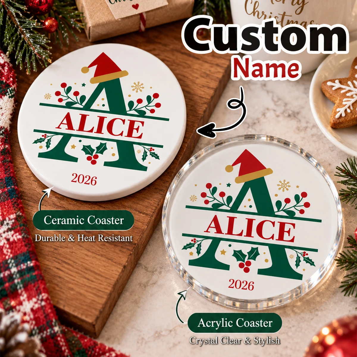 Custom Green Initial Christmas Coaster, Festive Santa Hat A-Z Letter Name Decor, Personalized Drink Cup Mat For Coffee & Tea