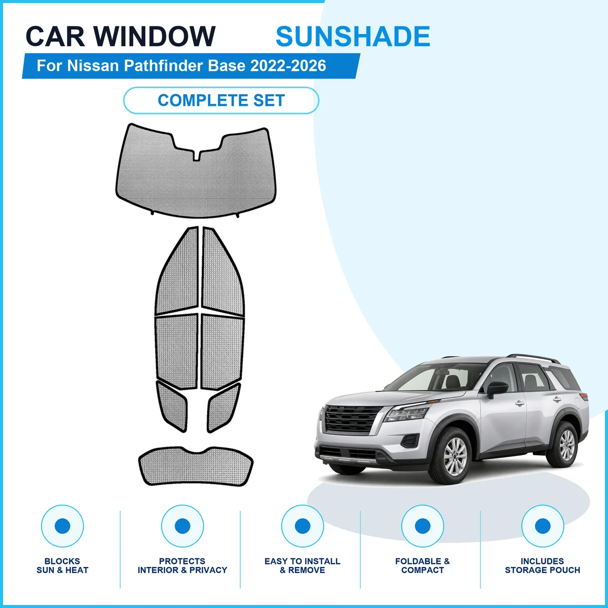 For Nissan Pathfinder Base 2022-2026 Custom Full Set Window Sunshades Aluminum Foil Suction Cup Anti UV Privacy