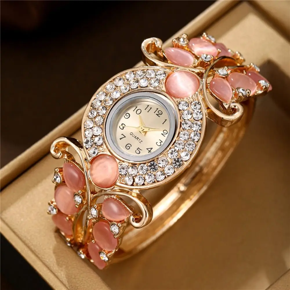 Rich In Flowers Vintage Watch Round Dial Rhinestone Bracelet Quartz Watch Versatile Design Crystal Jewelry