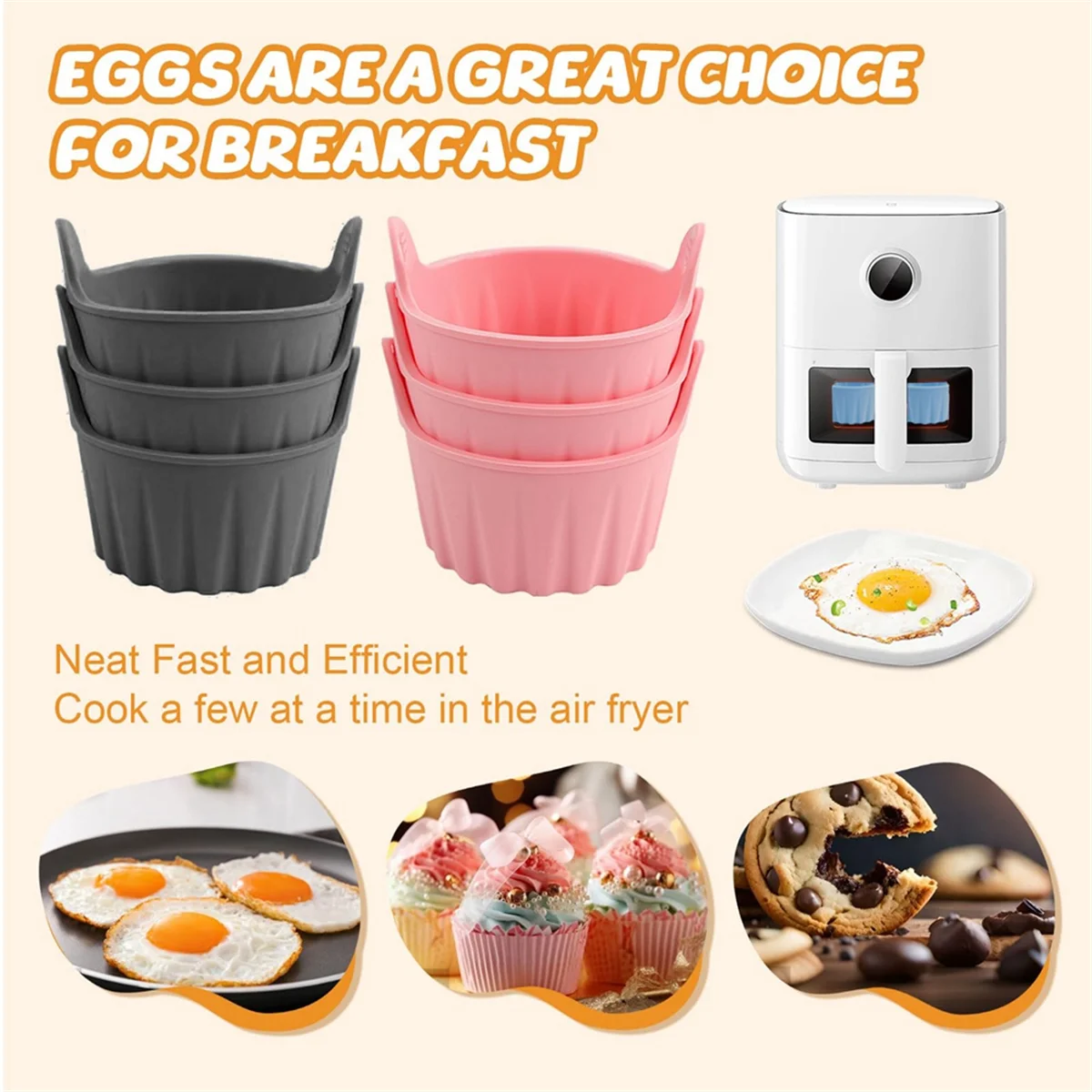 A20M 6 قطعة سيليكون الهواء المقلاة قالب البيض قابلة لإعادة الاستخدام غير لاصقة سيليكون البيض دغة قالب الكعك بطانة أكواب البيض المسلوق للميكروويف