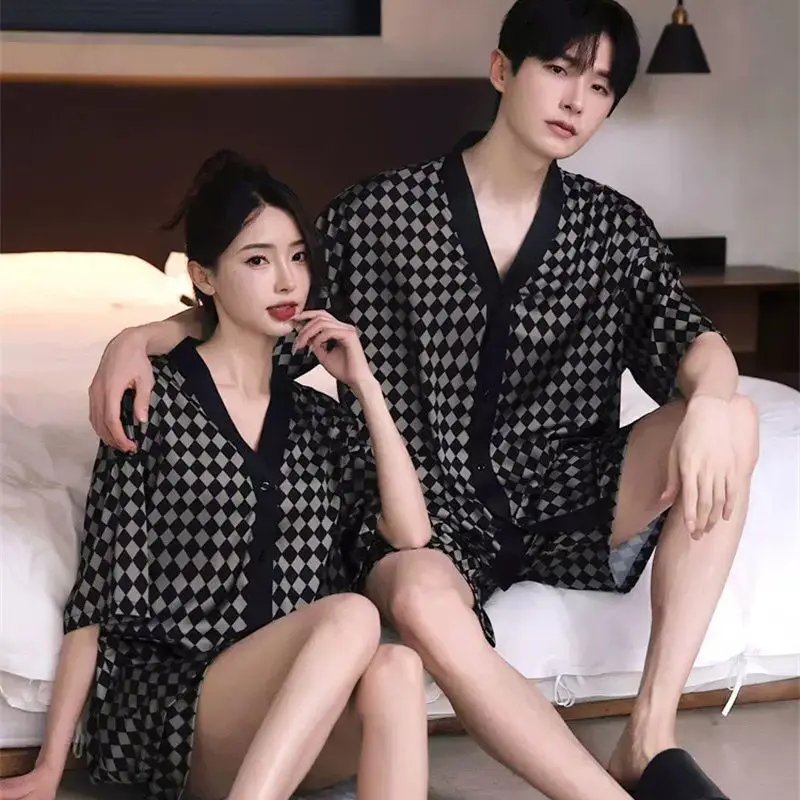 2025 Spring Autumn Fashion Square Couple Ice Silk Pajamas Women Short Sleeve Pants Two Piece Set Nightgown Sleepwear Homesuit