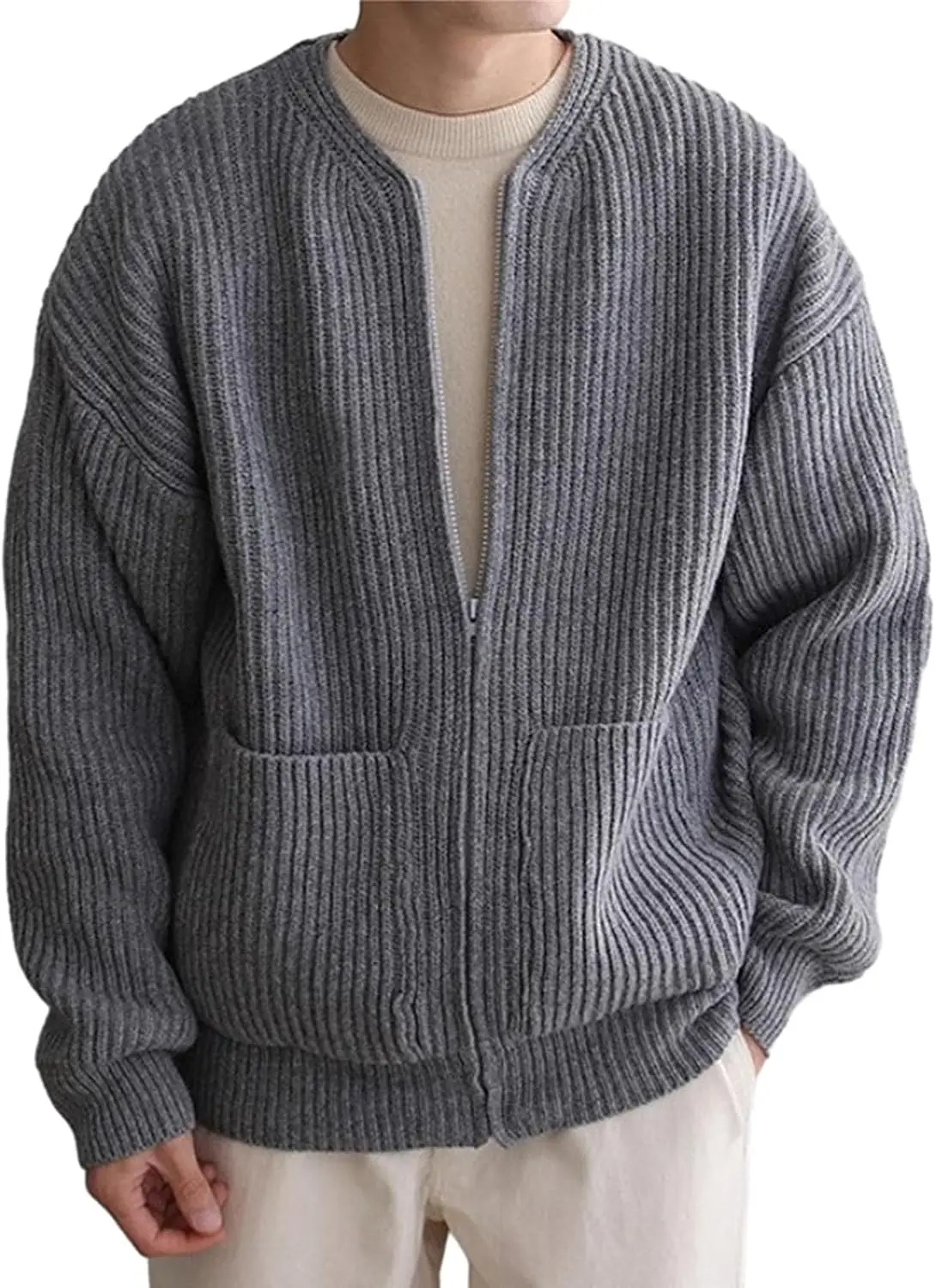 Warm Knitted Sweater Outwear Front Zipper Cardigan Men's Collarless with Closure Pockets Autumn Winter Solid