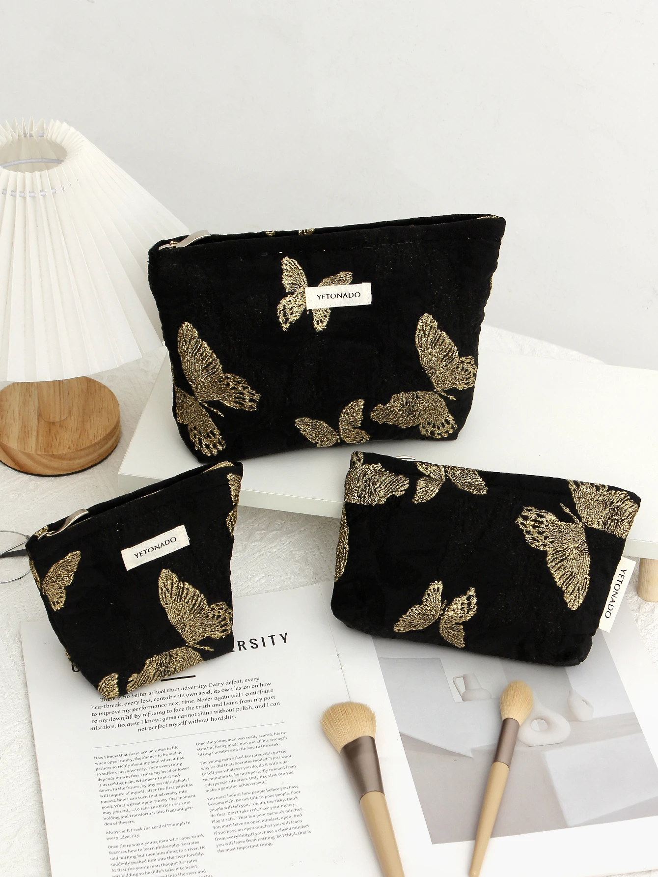 1 قطعة/مجموعة حقيبة مكياج على شكل فراشة سوداء، حقيبة مكياج عصرية بسحاب ذات سعة كبيرة، حقيبة تخزين متعددة الوظائف