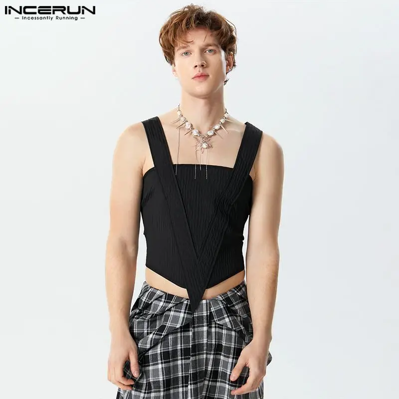 Fashion Casual Style Tops INCERUN New Men\'s Patchwork Hollow Vests Male Sexy Solid Color Cropped Sleeveless Tank Tops S-5XL 2024