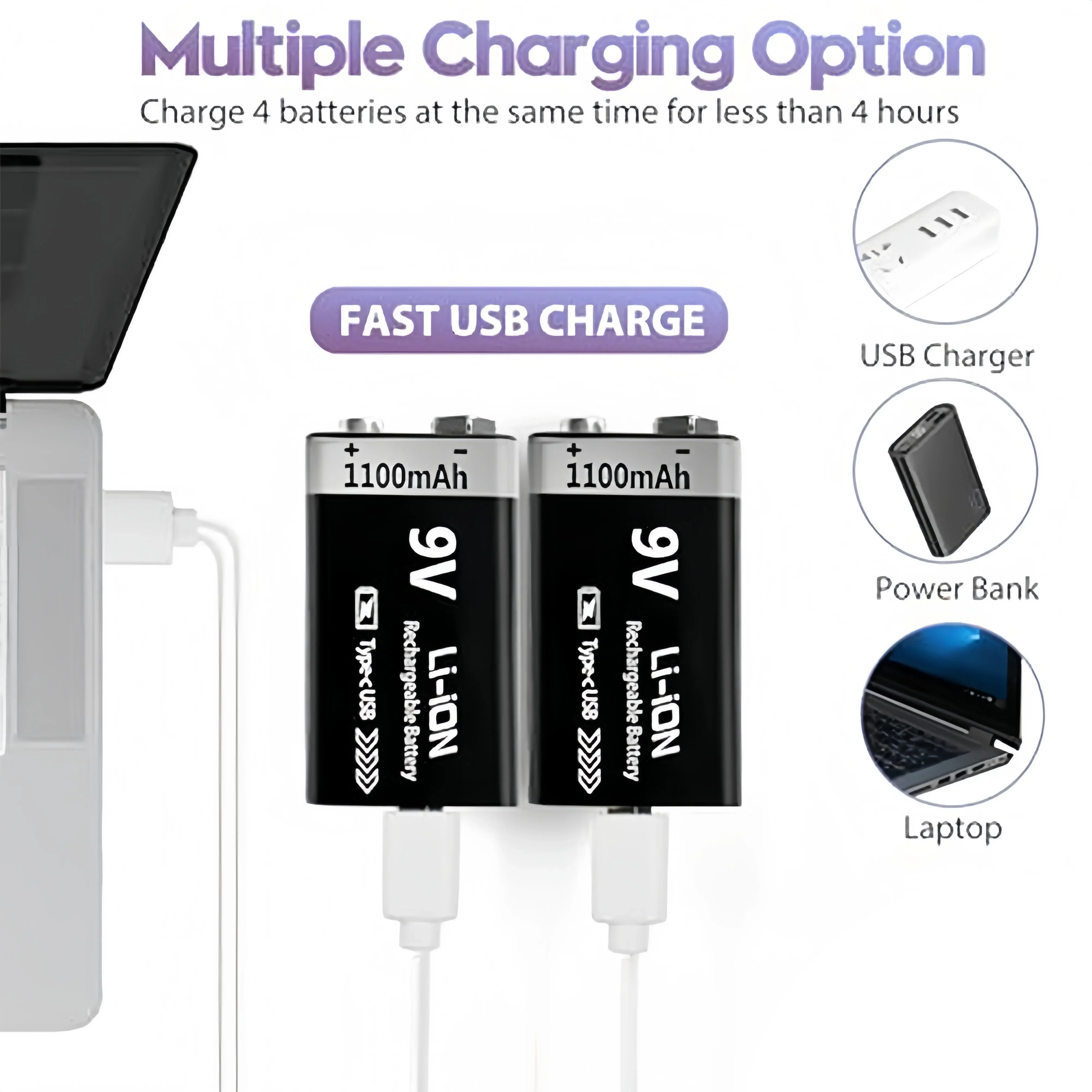 

1100mAh Large-capacity Type-C Interface 9V Lithium Battery, 1200 Cycles, Specially Designed for Remote Control/alarm Devices