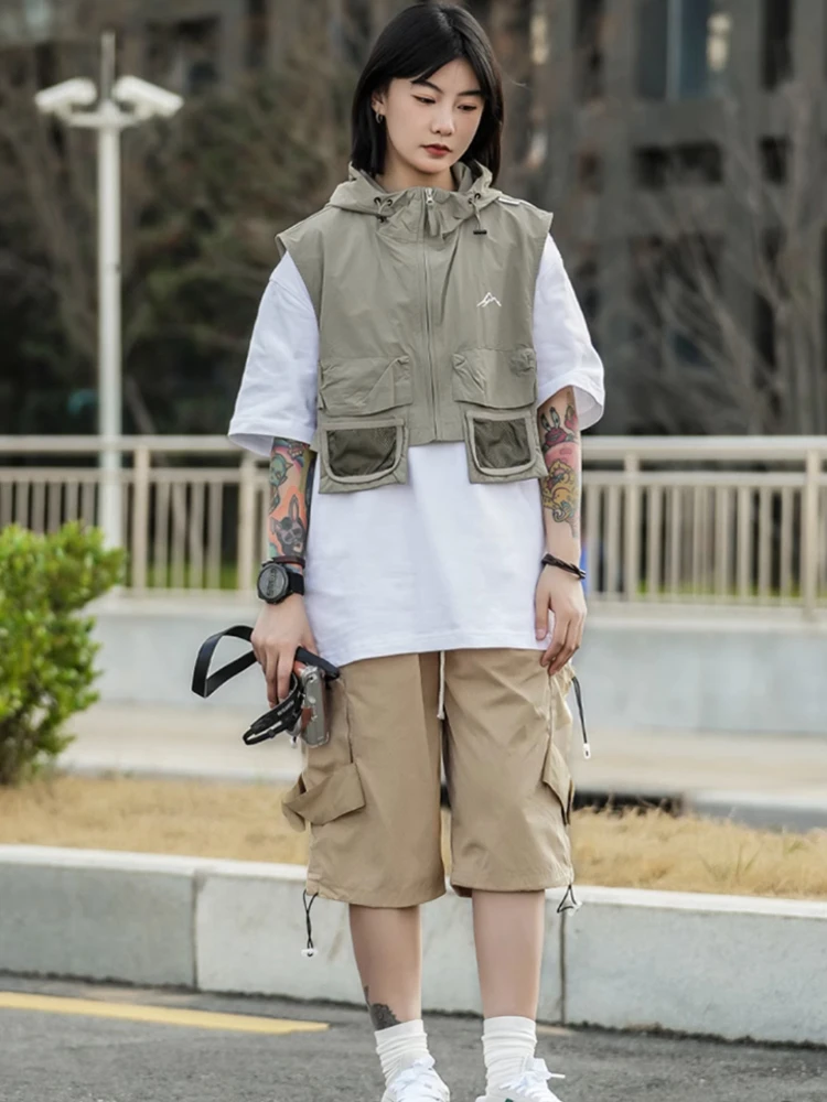 Women Vests Summer Hooded Functional Techwear All-match Breathable Japanese Style Pure Color Sleeveless Couple Simple Advanced