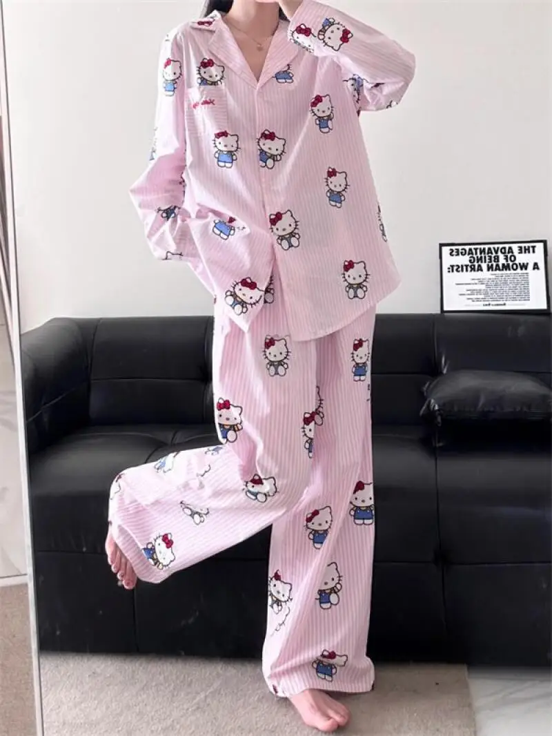 

Sanrio, новый пижамный комплект в полоску Hello Kitty, женский комплект Ins Wind, весна и осень, новые брюки с длинными рукавами, студенческий комплект домашней одежды