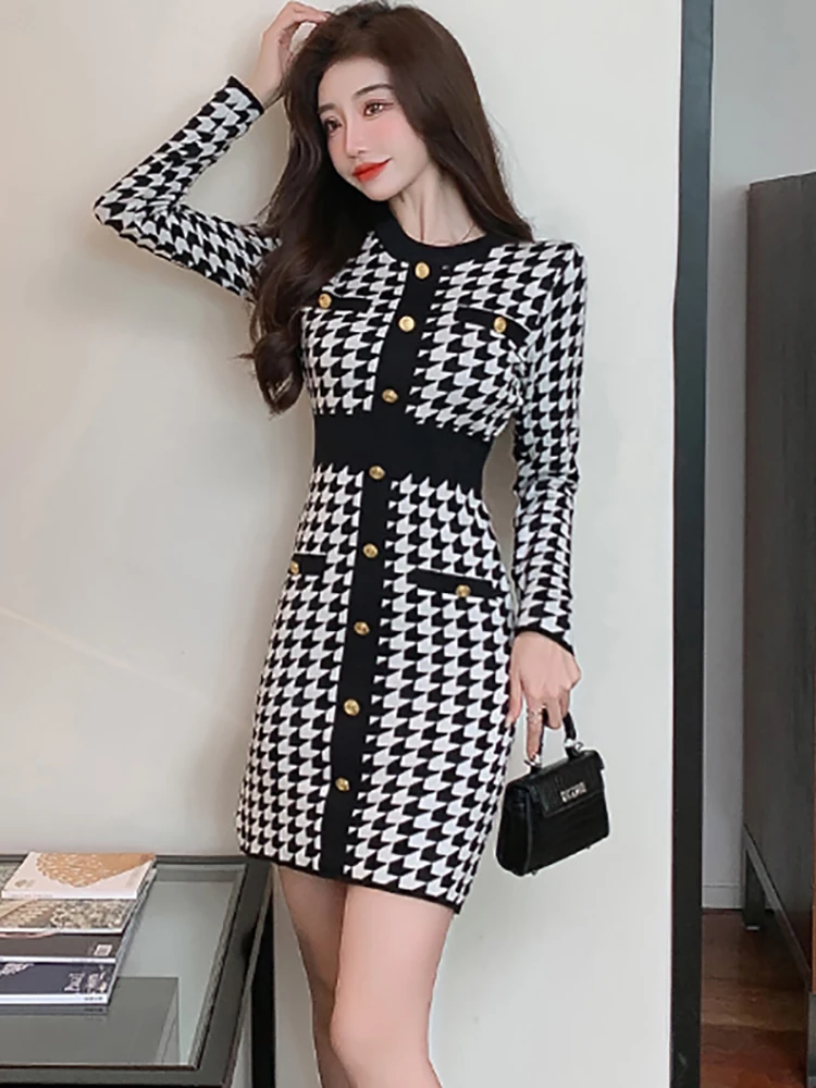 

Women Fashion Chic Bird Lattice Knitted Mini Dress Autumn Winter Long Sleeve Bodycon Sweater Dress 2025 Korean Elegant Vestidos