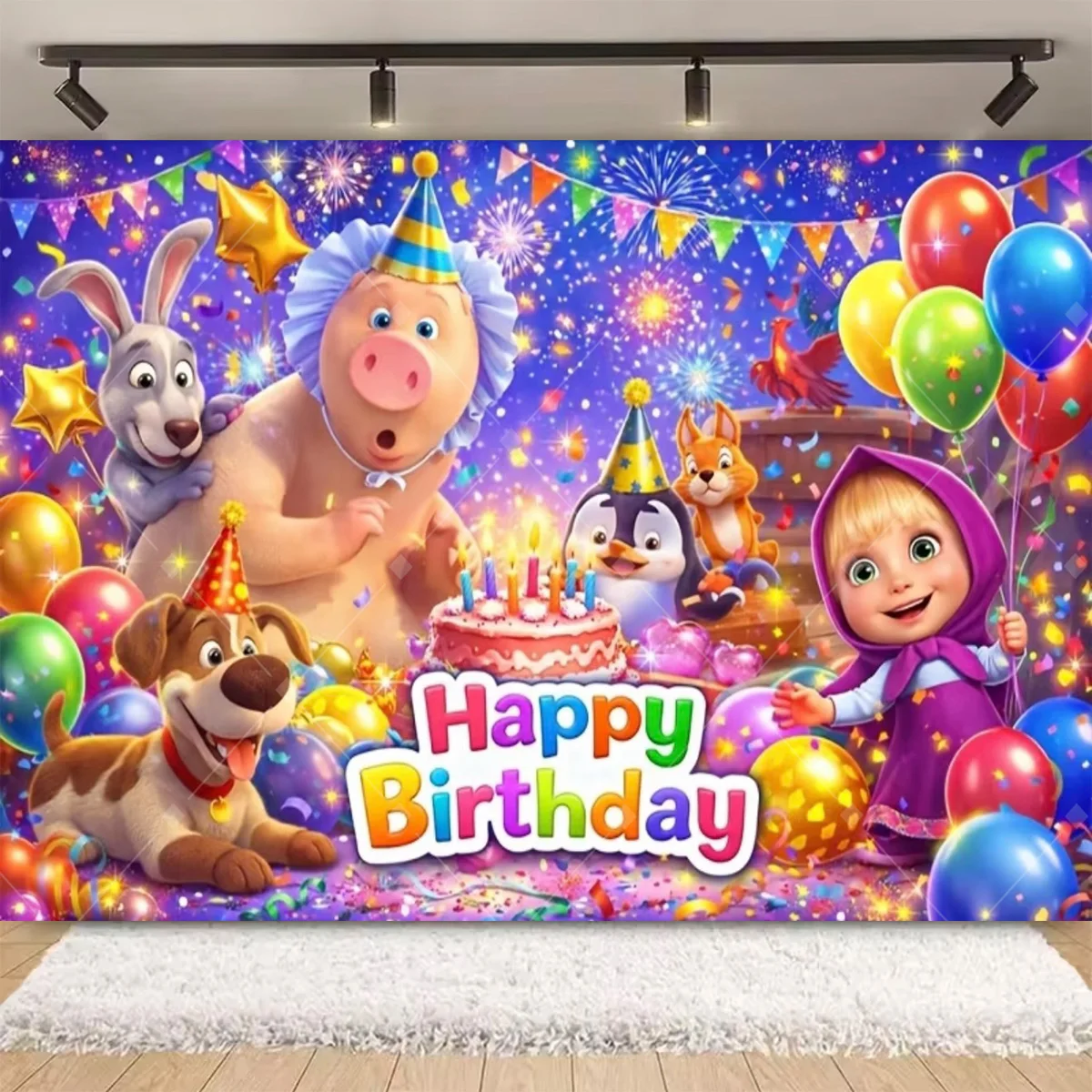 Mädchen und Bär Geburtstagsparty-Hintergrund Bunter Wald Ballon Kuchen Foto-Banner Kinder Geburtstagsfeier Dekoration Fotokulisse Requisiten – Detail 6