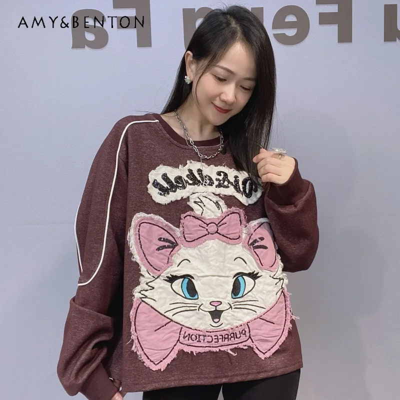 2025 Autumn Winter New Fashion Design Hoodies Korean Style Loose Oversized Round Neck Pullover Sweatshirt For Women's O-neck Top