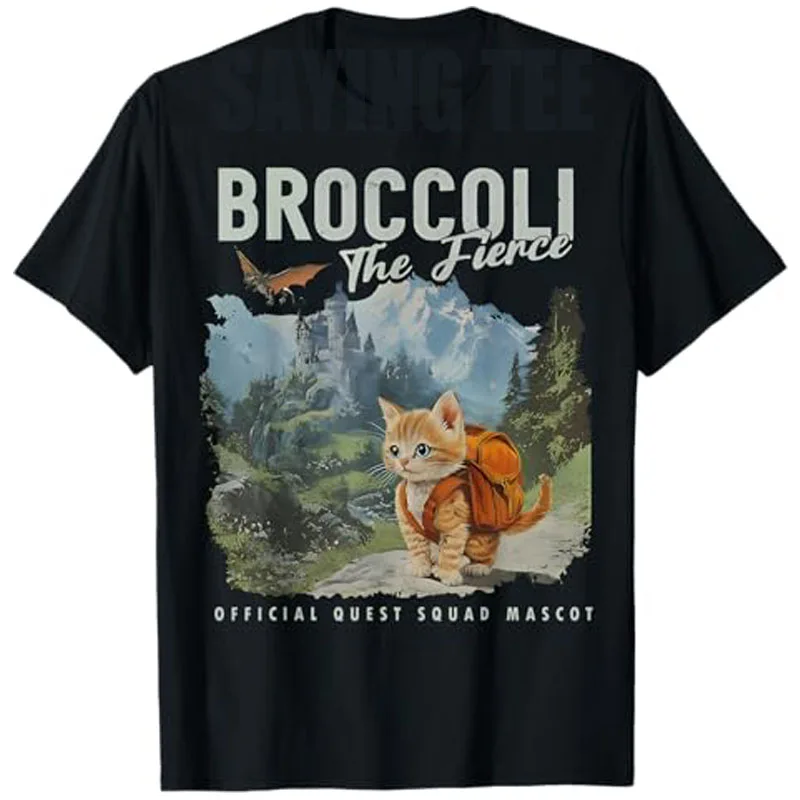 

Broccoli The Fierce Quest Fantasy Squad Broccoli Cat T-Shirt Funny Kitty in Forest Graphic Outfit Cute Short Sleeve Saying Tee