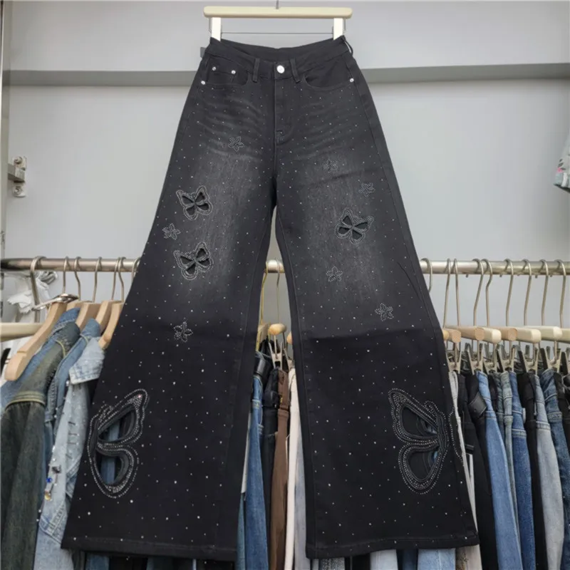 American Vintage Hollow Out Butterfly Hot Diamonds Wide Leg Jeans Women New Spring Summer High Waist Wide Leg Denim Pants 2026