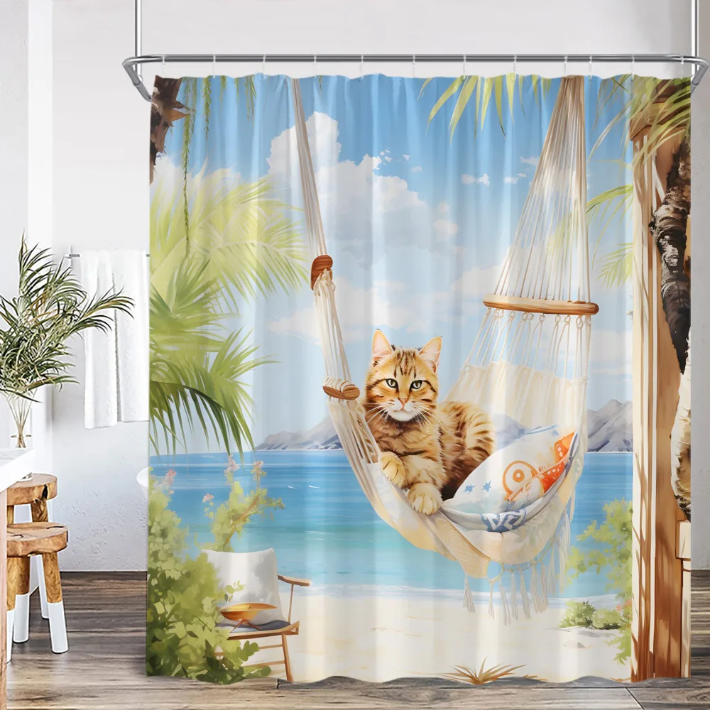 Funny Cat Shower Curtain Cat Riding Shark Dinosaur Flower Floral Polyester Bathtub Curtain Space Planet Bathroom Decor with Hook