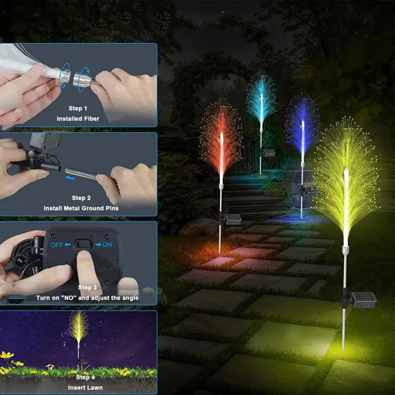 Waterproof Fibra Óptica Jardim Lights, luzes solares, mudança da cor da lâmpada, remoto, quintal, pátio, Pathway Decorações, 2pcs