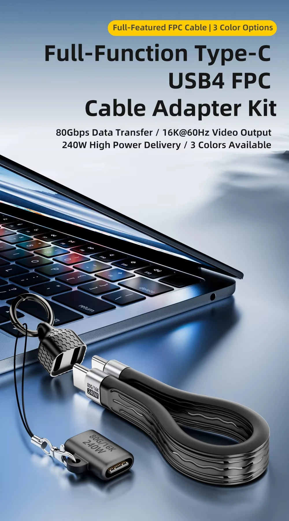 USB4 Short Flat Cable Type-C to C 80Gbps 240W PD3.1 16K@60Hz FPC E-Marker Fast Charging Cord with Adapter Set
