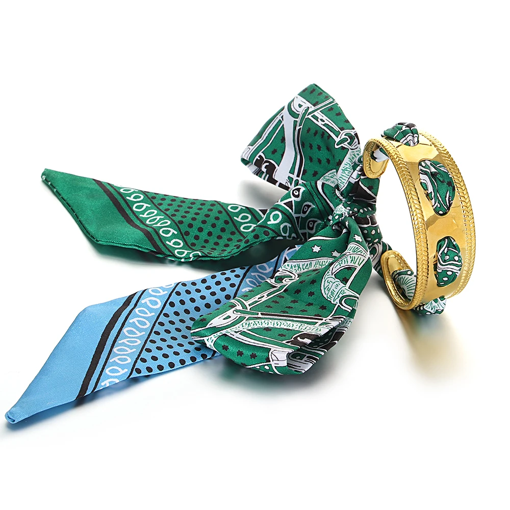 Greatera Wide Wheat Ear Hollowed-out Green Ribbon Handmade Bowknot Bracelet Charm Detachable Niche Design Women Bangle Jewelry