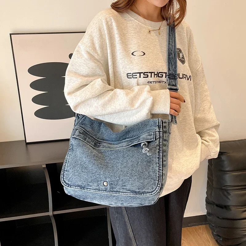 ג 'ינס באיכות גבוהה תיק נשים חדש ג' ינס הכתף תיק סטודנט flap שליח תיק y2k eco תיק קשירות קוריאני תיק גב בד גדול