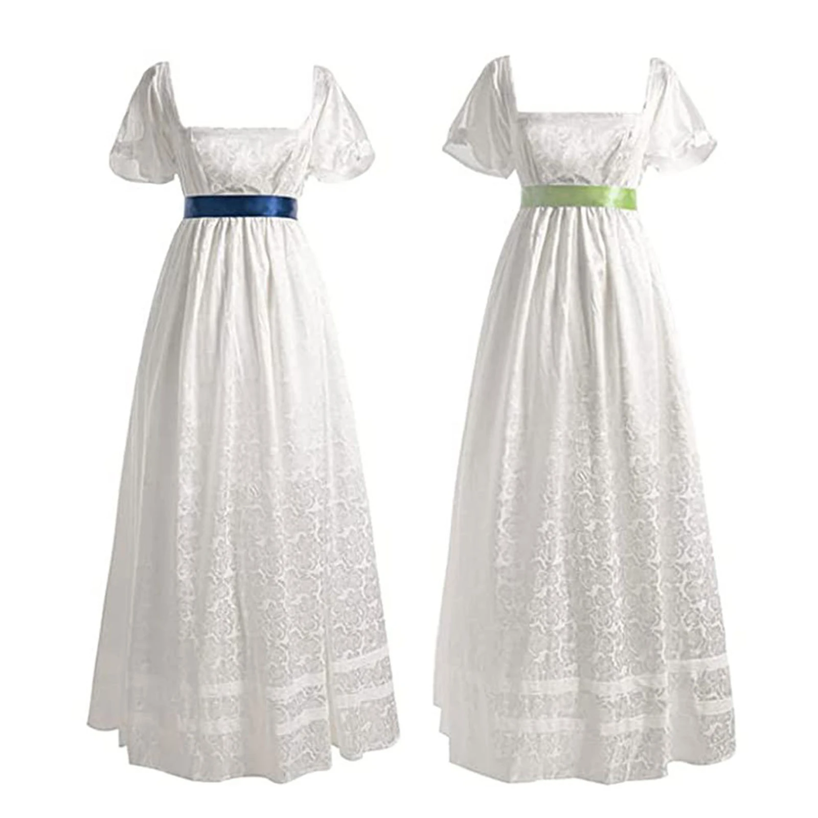

AwwwCos Women 1800s Vintage Waist Dress Victorian Ball Gown Medieval Regency Era Dress White Lace Dress with Belt Set Halloween