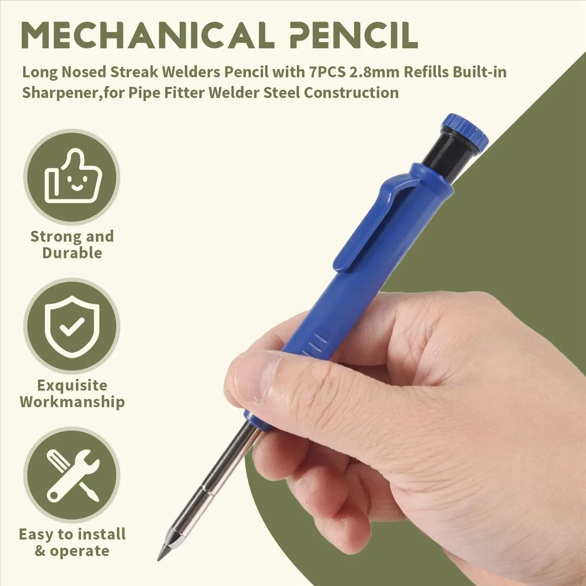 (HOPE) Long Nosed Streak Welders Pencil with 7PCS 2.8mm Refills Built-in Sharpener,for Pipe Fitter Welder Steel Construction