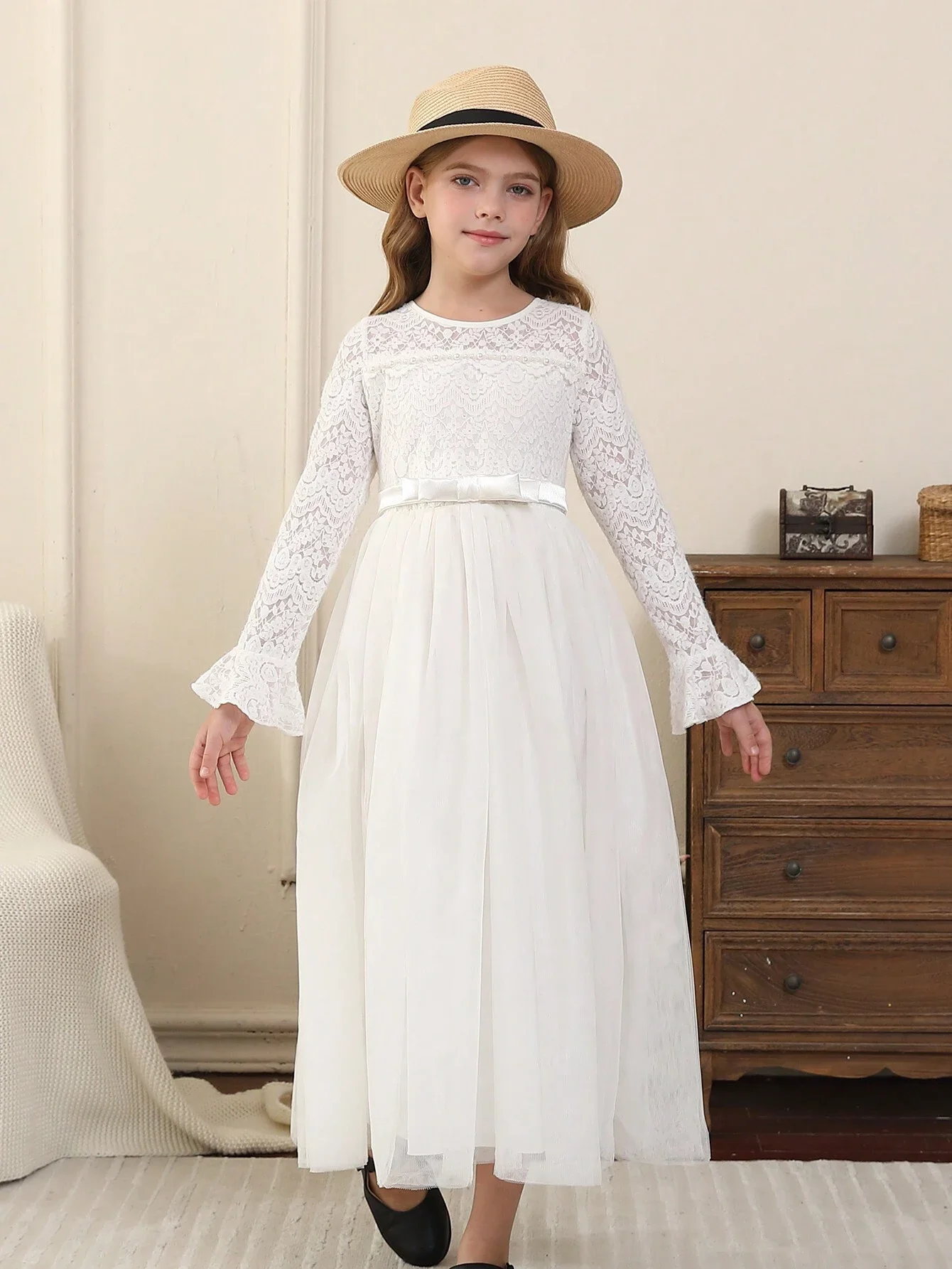 

White Lace Pearl Embellished Long Sleeve Formal Dress For Women