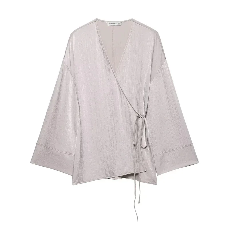Spring Satin Texture Women's Kimono Suit Long-Sleeved Shirt with Tie Top And Wide-Leg Pants Loose Fit Two-Piece Set