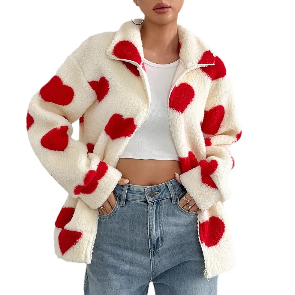 2025 Women's Autumn and Winter New Plush Heart Printing Casual Loose Long-sleeved Zipper Cardigan Jacket