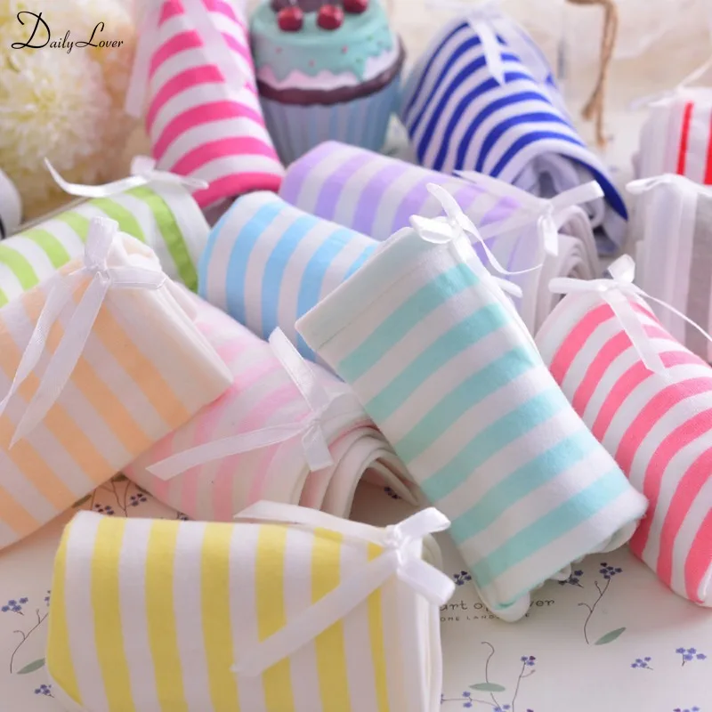 Soft Cotton Stripes Panties Bowknot Cute Underwear Women Lolita Pink Briefs Candy Color Breathable Underpants Female Gifts New