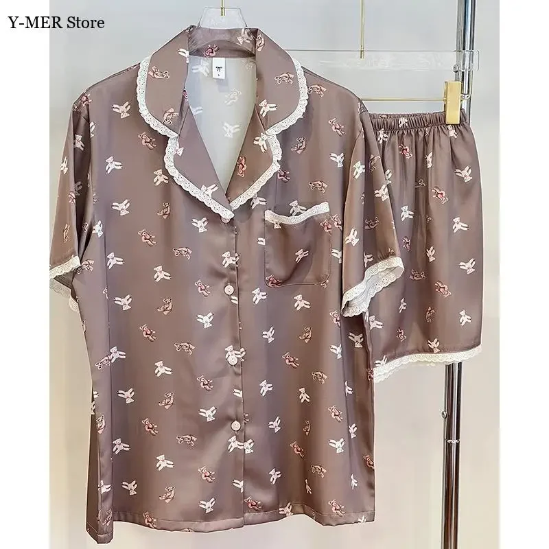 

Lace Trim Sleepwear 2Pcs Home Clothes Ice Silk Pijama Lapel Top Shorts Pijama Mujer Autumn Summer New Loungewear Nightwear