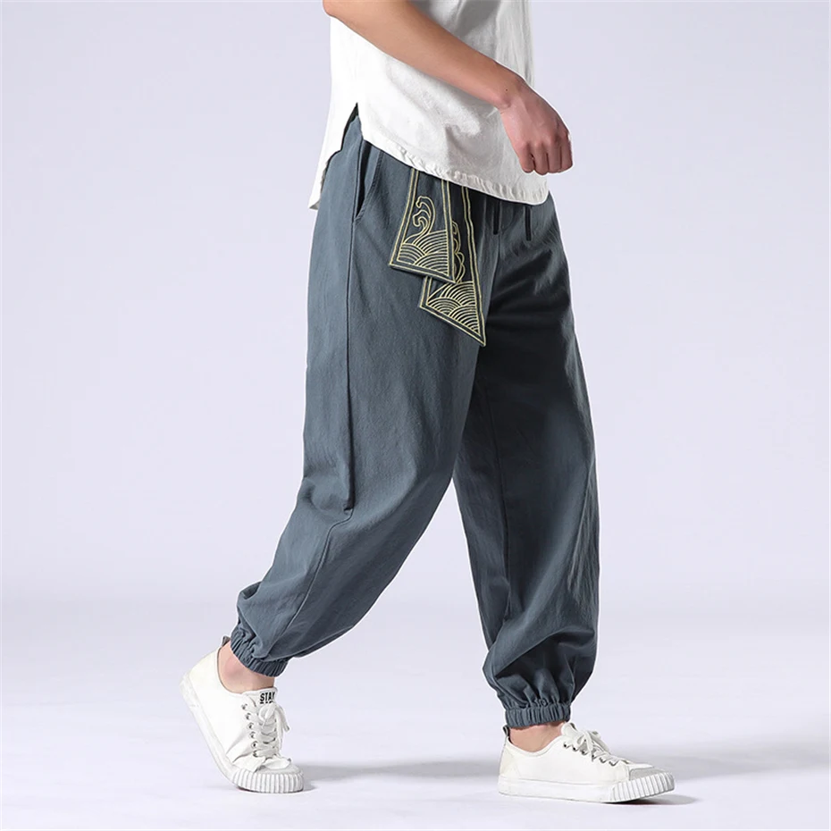 Harem Pants Men Jogger Sweatpants Fashion Casual Chinese Style Pants Belt Design Trousers Elastic Waist