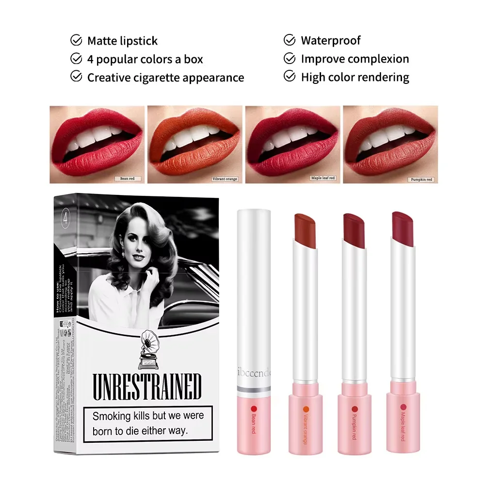 4 Colors Cigarette Lipstick Set Matte Lip Gloss Long Lasting Lip Glaze Waterproof Lip Stick Tube Nude Lip Tint Makeup Cosmetics