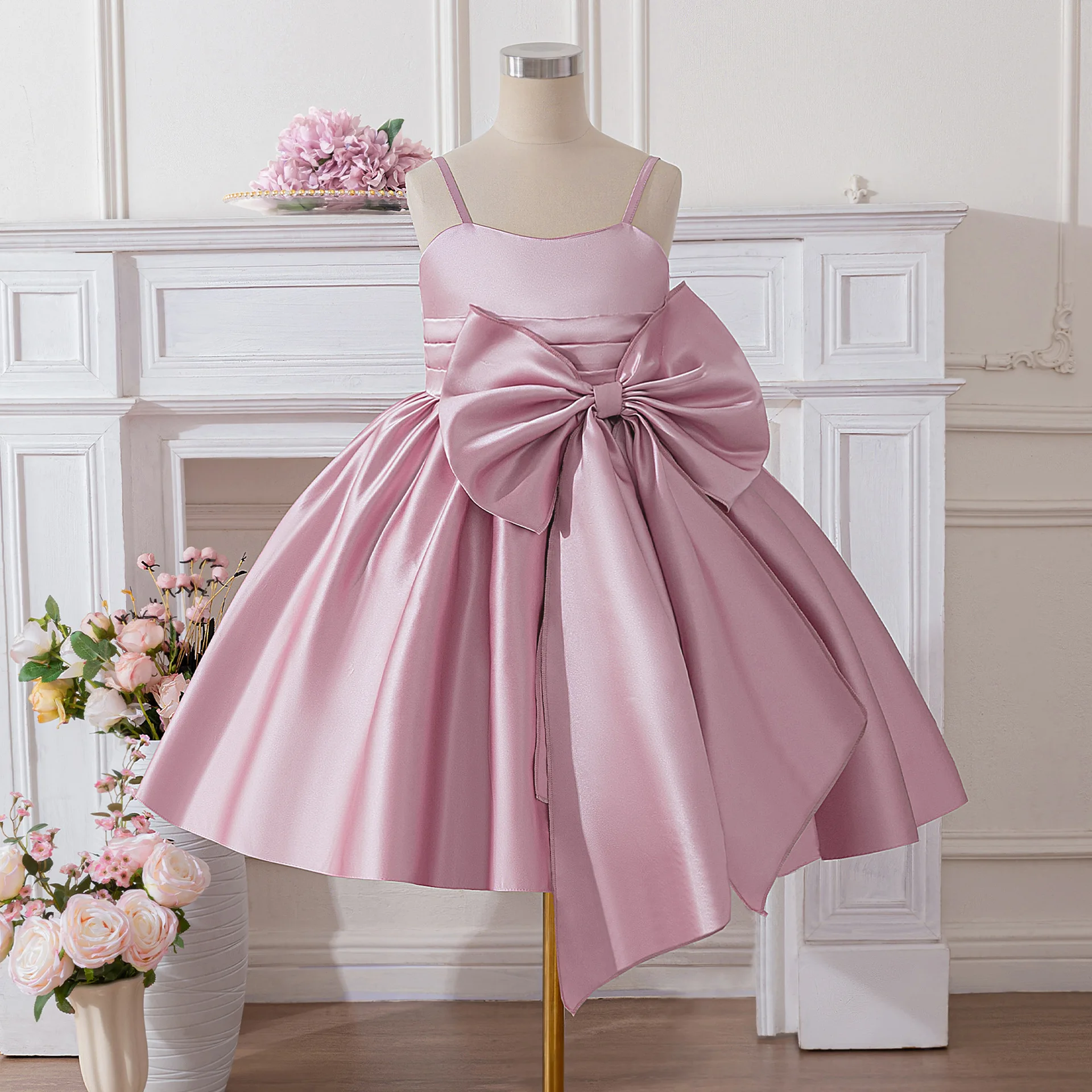 

Satin Big Bow Girl Dresses Bridesmaid Costume For Weddings Girls Party Dresses Elegant Birthday Ball Gown Children Evening Dress