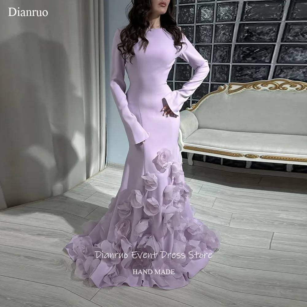 

Dianruo с длинными рукавами и 3D цветами Вечерние платья Шикарное платье с круглым вырезом Vestidos De Fiesta длиной до пола, свадебное платье по индивидуальному заказу