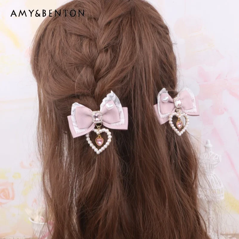 Japanese Mine Mass-Produced Cute Bow Hair Clips Sweet Lace Stitching Pearl Heart Pendant Hair Bows Lolita Girl Hair Accessories