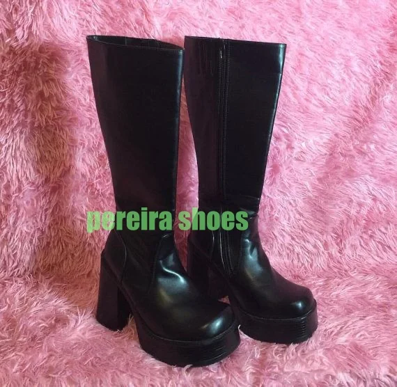 

Lady Black Platform Chunky Heel Knee Boots Footwear Zipper Square Toe Punk Style Mary Janes Gladiator Mirror Pu Metallic Boots