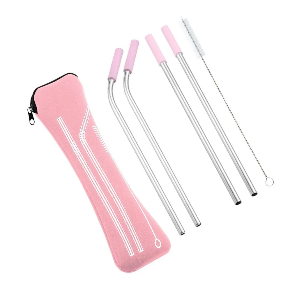 Stainless Steel Straws Set with Silicone Tips Sucking Tube Outdoor Indoor