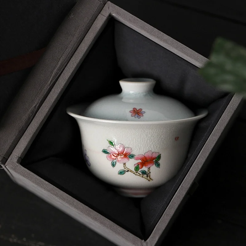 ★Jingdezhen Hand Painted Pastel Two Only Tureen Single Tea Cup Household Non-Scald Grip Tea Bowl Ceramic Kung Fu Tea Tea Maker